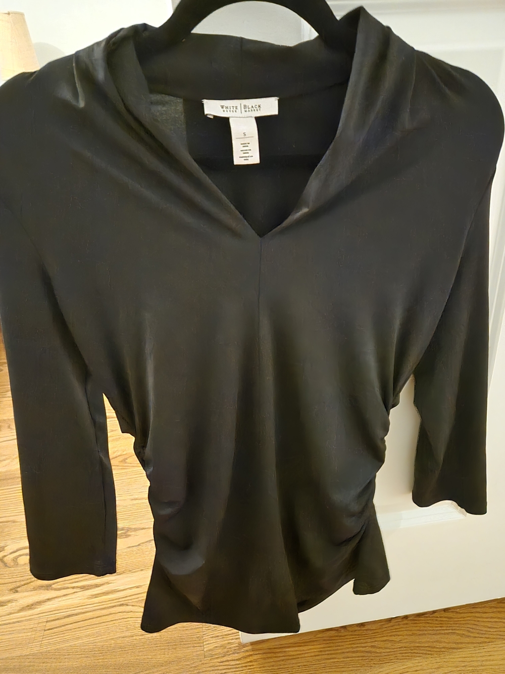 White House Black Market Black V-Neck Draped Long Sleeve Top